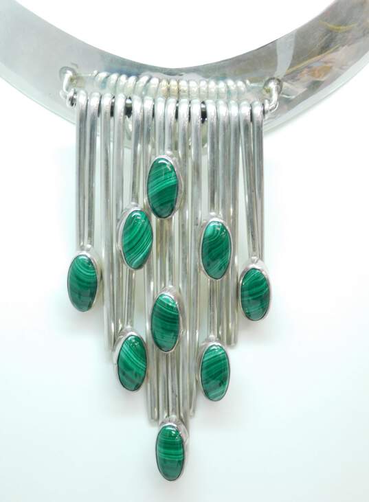 Carol Felley 925 Modernist Southwestern Malachite Cabochons Accented Graduated Bars Dangle Pendant Wide Statement Collar Necklace 96.4g image number 5