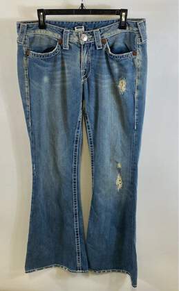 True Religion Womens Blue Medium Wash Distressed Denim Bootcut Jeans Size 32
