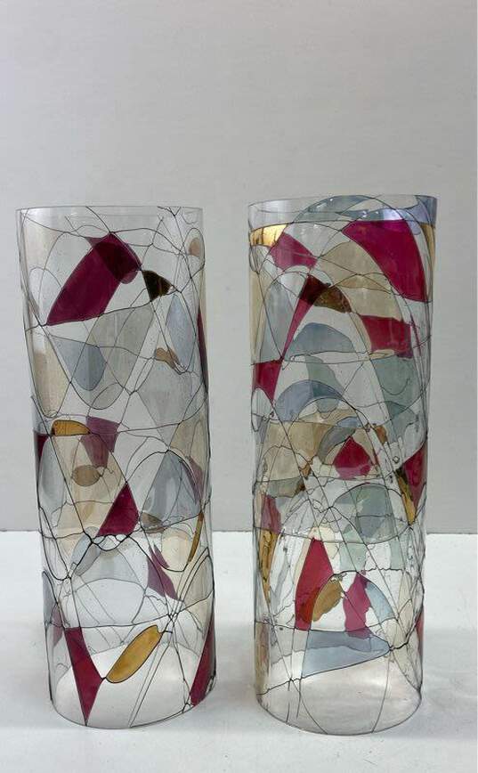 FOSTORIA Galleria Hurricane Shades Abstract Mosaic Art Glass 2pc Set image number 4