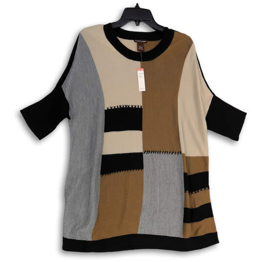 NWT Womens Brown Colorblock Round Neck Knitted Pullover Sweater Size Small image number 1