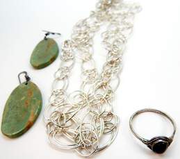 Artisan 925 Unique Long Chain Necklace Green Jasper Drop Earrings & Onyx Ring