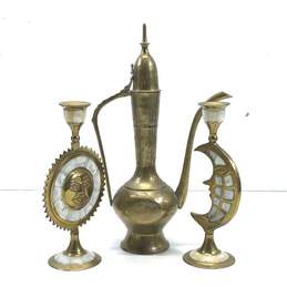 Brass Etched Decorative Ewer/Kettle and 2pc Sun and Moon Candle Sticks