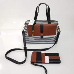 Fossil Kinley Black/White Striped Crossbody Bag & Wallet Set