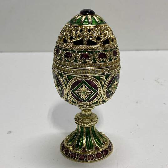 Faberge Style Egg Decorative Trinket Box 5 in Tall Emerald Enamel Egg image number 1