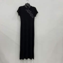 Womens Black Floral Print Cap Sleeve Mock Neck Button Maxi Dress Size M