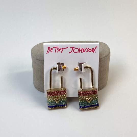 Designer Betsey Johnson Gold-Tone All You Need Is Love Lock Drop Earrings image number 1