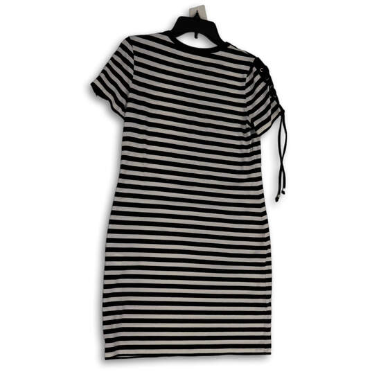 Womens Black White Striped Round Neck Classic Pullover Shift Dress Size XS image number 2