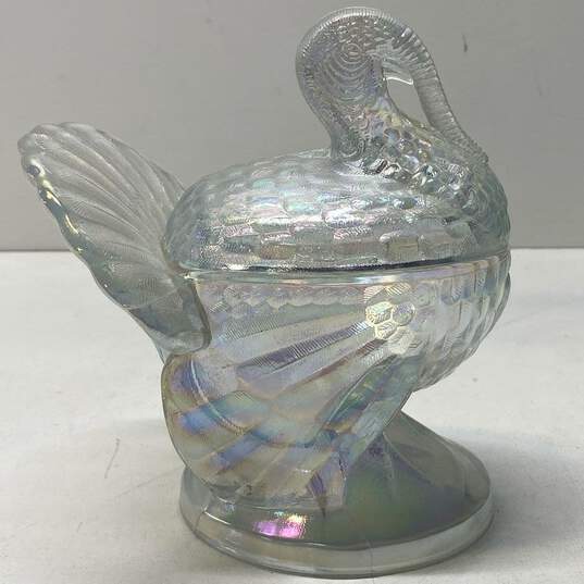 Vintage Iridescent Tom Turkey Carnival Glass Home Accent Lidded Candy Dish image number 2