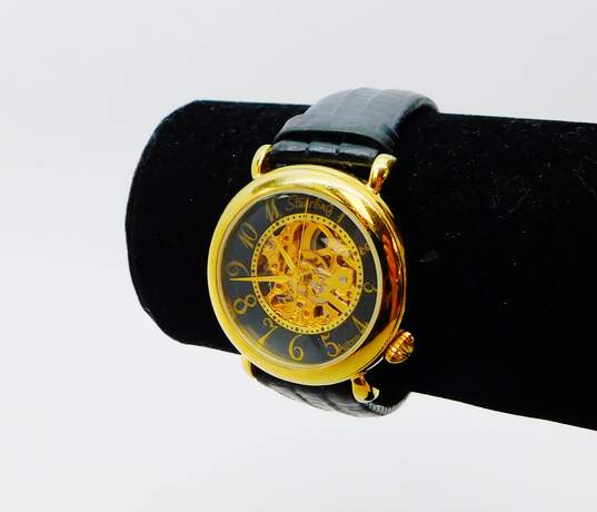 Stuhrling ST-90089 Gold Tone Automatic 20 Jewels Skeleton Black Leather Watch image number 1