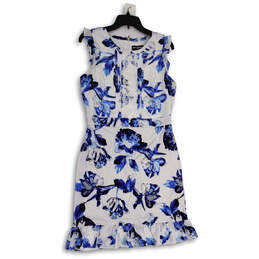 Womens White Blue Floral Ruffle Hem Round Neck Back Zip Sheath Dress Size 8