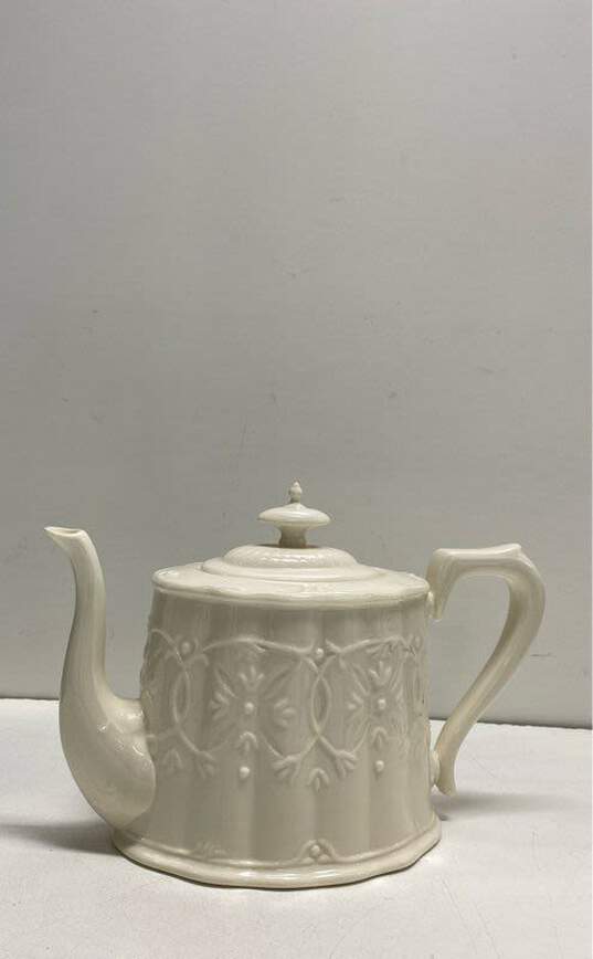 I. Godinger & Co. Embossed Tea Pot with 2 Creamers 3pc Ceramic Ivory White image number 2