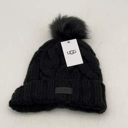 NWT Ugg Womens Black Knitted Fur Ball Winter Beanie Hat One Size