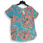 NWT Womens Blue Pink Paisley Short Sleeve Round Neck Blouse Top Size Medium image number 1