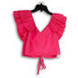 NWT Womens Pink Ruffle Sleeve V-Neck Drawstring Cropped Blouse Top Size M image number 2