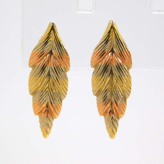 14K White Yellow & Rose Gold Puffed Heart Drop & Feather Post Earrings 1.5g image number 4