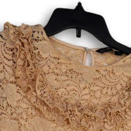 Womens Beige Lace Floral Ruffle Short Sleeve Round Neck Blouse Top Size XS alternative image
