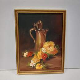 Vintage Framed & Signed Flowers & Tea Pot Oil Painting by Reggie