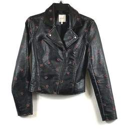 Candie's Womens Black Red Hearts Leather Long Sleeve Full-Zip Biker Jacket Sz XS