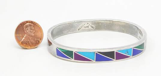 Taxco Mexico Artisan 925 Sterling Silver Faux Stone Inlay Bangle Bracelet 39.1g image number 5