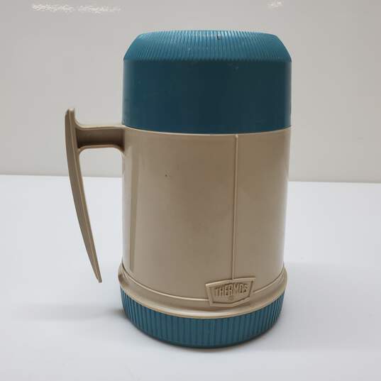Vintage Thermos Model #6002 Wide Mouth Blue & Tan Thermos image number 3