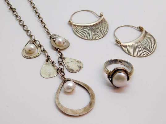 Artisan 925 Brushed Open Teardrops & Faux Pearls Pendant Necklace Stamped Lines Fan Hoop Earrings & Ring 22.7g image number 1