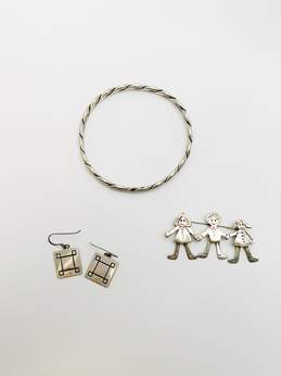 Artisan 925 Stamped Square Drop Earrings Children Brooch & Twisted Bangle