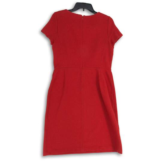 Womens Red Rhinestone Short Sleeve Round Neck Back Zip Sheath Dress Sz 12P image number 2
