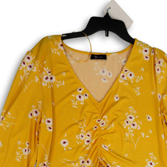 Womens Yellow Floral 3/4 Sleeve V-Neck Ruched A-Line Dress Size XXL image number 3