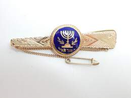 Vintage 14K Yellow Gold Blue Enamel Menorah Tie Clip 6.8g