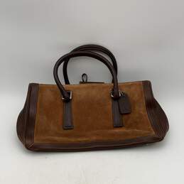 Coach Womens Brown Tan Leather Double Handle Zipper Pocket Tote Handbag