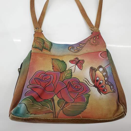 Anuschka Leather Hand Painted Multicolor Butterfly Flower Shoulder Bag image number 2