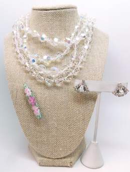 Silvertone Aurora Borealis Crystal Necklaces Rhinestone Earrings & Floral Brooch