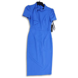 NWT Womens Blue Tie Neck Short Sleeve Back Zip Sheath Dress Size 0