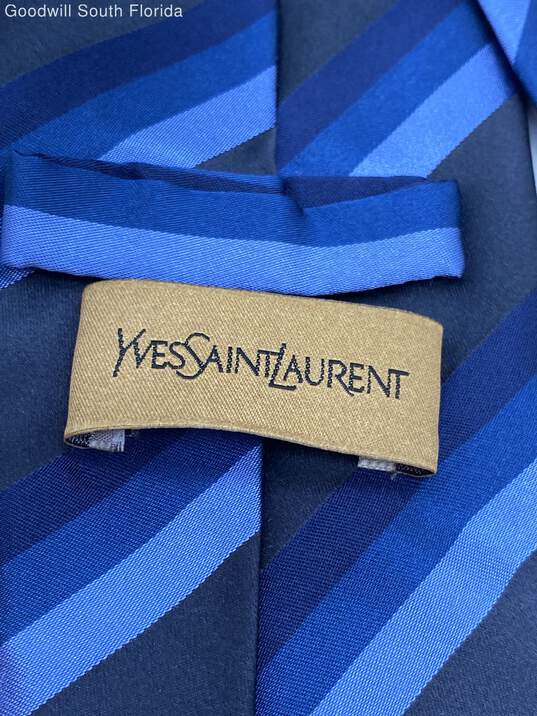 Authentic Yves Saint Laurent Mens Black Blue Striped Printed Designer Tie image number 6