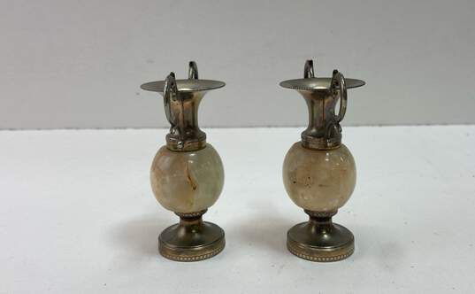Miniature Mid Century Silver Plate Vases/Tray Decorative Pair of Onyx Bud Vases image number 4