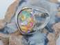 Artisan Silvertone Floral Dichroic Art Glass Pendant Orange Ribbon Necklace Matching Drop Earrings & Band Ring 40.8g image number 5