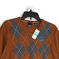 NWT Mens Brown Gray Diamond Print Knitted V-Neck Pullover Sweater Size L image number 3