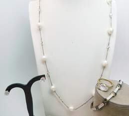 Contemporary 925 Vermeil Pearl Station Necklace CZ Earrings & Statement Ring