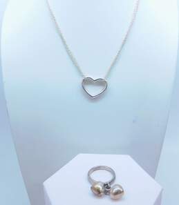 Romantic 925 Sterling Silver Multi Strand Heart Pendant Necklace & Puff Double Heart Ring 15.0g