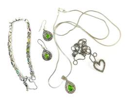 925 Colorful CZ & Marcasite Pendant Necklaces Bracelet & Earrings 26g