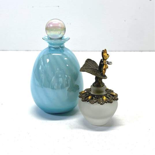2 Vintage Perfume Bottles Swirl Blue Art Glass & Art Nouveau Dragonfly Bottles image number 1