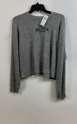 NWT Hollister Womens Gray Embroidered Ribbed Long Sleeve Pullover T-Shirt Size L
