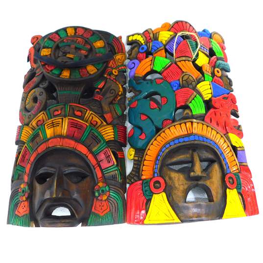 Mayan Aztec Hand Carved Wooden Warrior Mask Tribal Wall Decor Bundle image number 1