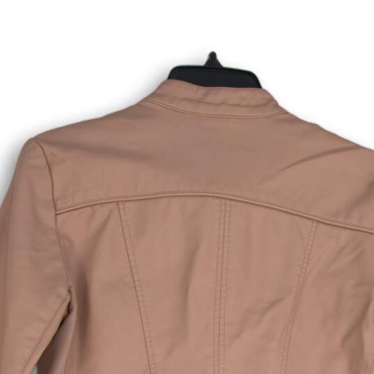 Womens Pink Leather Mock Neck Long Sleeve Full-Zip Biker Jacket Size Medium image number 4