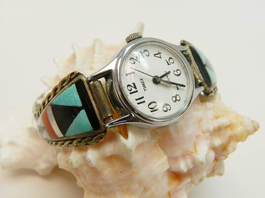 Signed Delberta Boone Zuni NM 925 Southwestern Turquoise Onyx Coral & Mother of Pearl Inlay Rope Accent Watch Tips On Timex Watch 19.9g image number 1