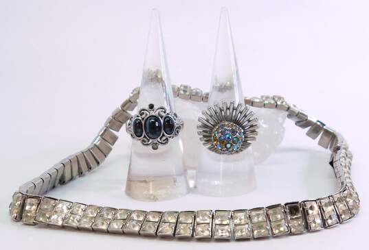 Vintage Silvertone Icy Rhinestones Chain Collar Necklace & Black Cobochons & Aurora Borealis Sunburst Rings 55.3g image number 2