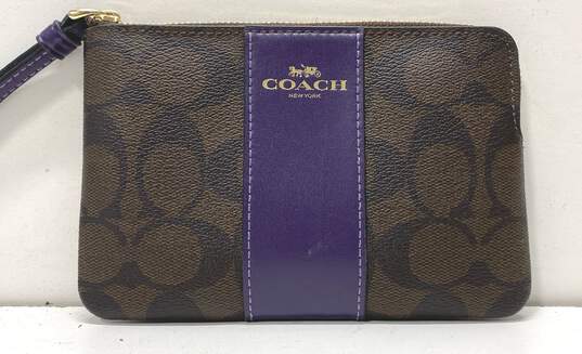 Coach Monogram Signature Stripe Pouch Wristlet Dark Brown image number 2