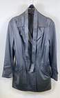Vera Pelle Womens Blue Leather Long Sleeve Pockets Collared Coat Jacket Size 48 image number 1