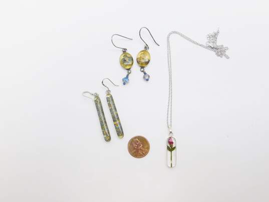 ATI Mexico 925 Rose Bud Resin Pendant Necklace & Blue Pressed Flowers Crystal Beaded & Drop Earrings 12.5g image number 6