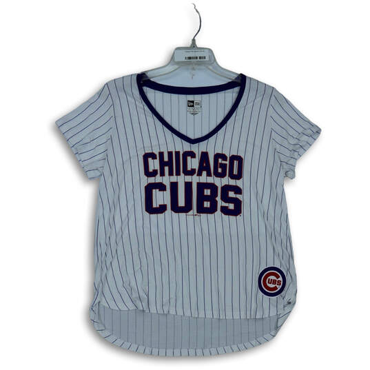 Buy the Womens White Striped Chicago Cubs V-Neck Short Sleeve T